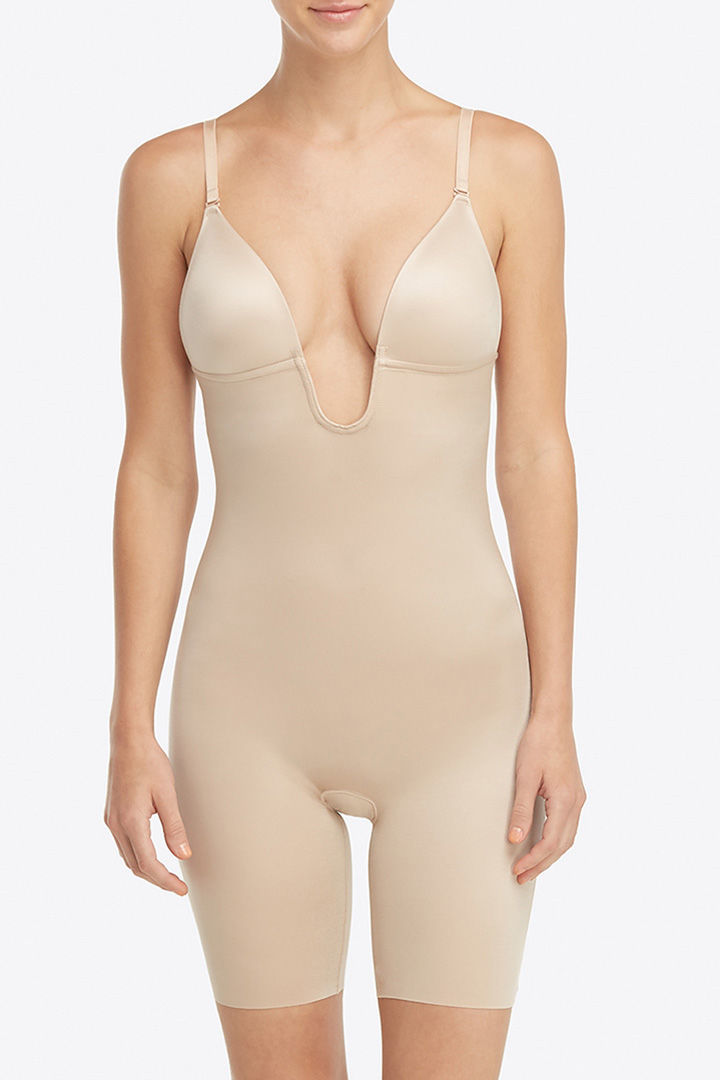 Picture of Plunge Low Back Mid Thigh Bodysuit-Nude