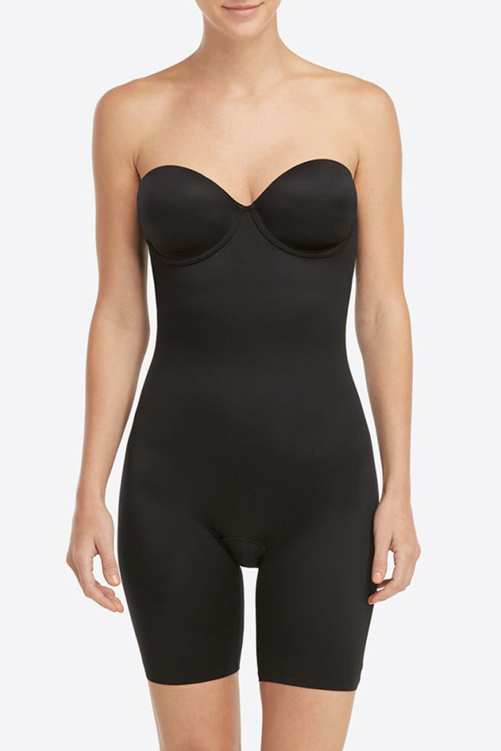 Picture of Strapless Cuped Mid Thigh Bodysuit-Black