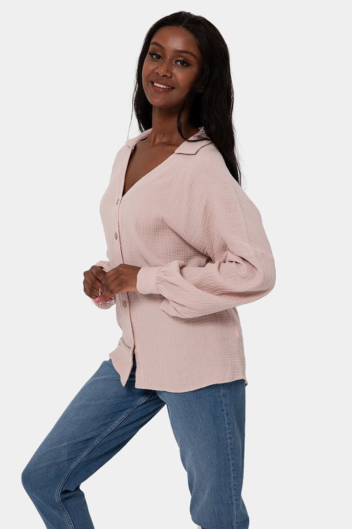 Picture of V-Neck Bishop Sleeve Front Button Shirt - Tea Pink