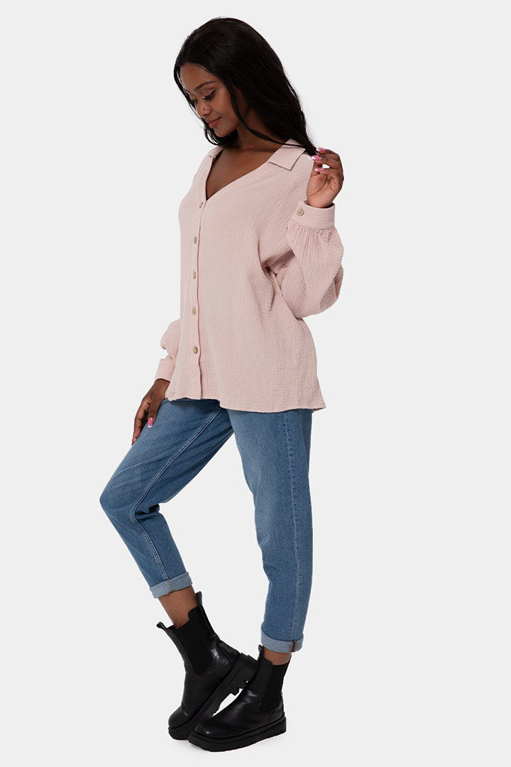 Picture of V-Neck Bishop Sleeve Front Button Shirt - Tea Pink