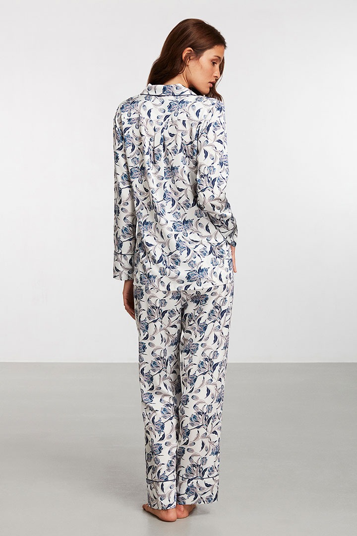 Picture of Blue Floral Patterned Pajama Set-White